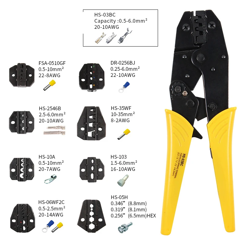HS-03BC Wire Crimping Pliers Non Insulated Tabs Plug Spring Clamp Terminals Hand Tools Ratchet Plier Jaw Replacement kit alicat