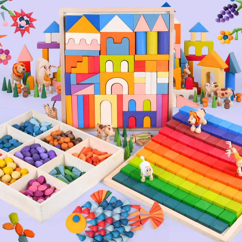 wooden stack Rainbow Building Blocks Wooden Toys For Kids Creative Rainbow Stacker Montessori Educational Toy Children
