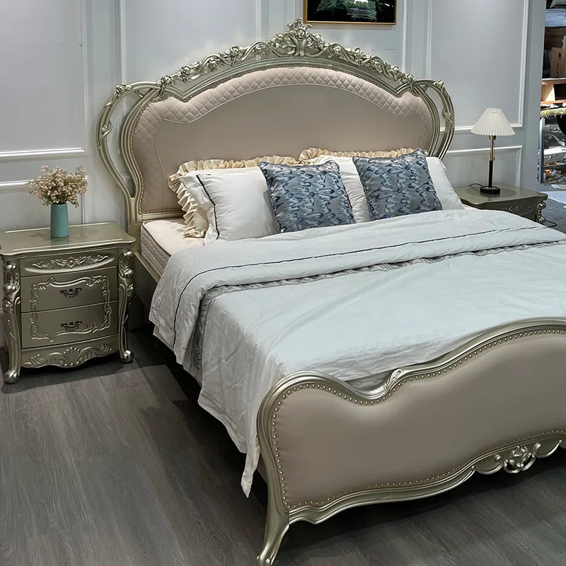 European Luxury Double Bed Modern White Antique Style Royal Wooden Double Bed King Size Upholstered Bed Frame