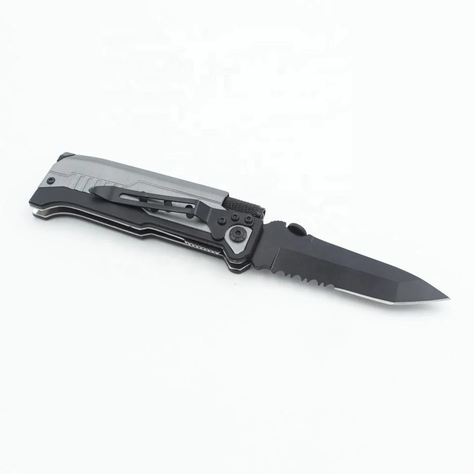 Wholesale Aluminium Handle Blackening Blade Camping Survival Folding Pocket Knife with Fire Starter and Flashlight