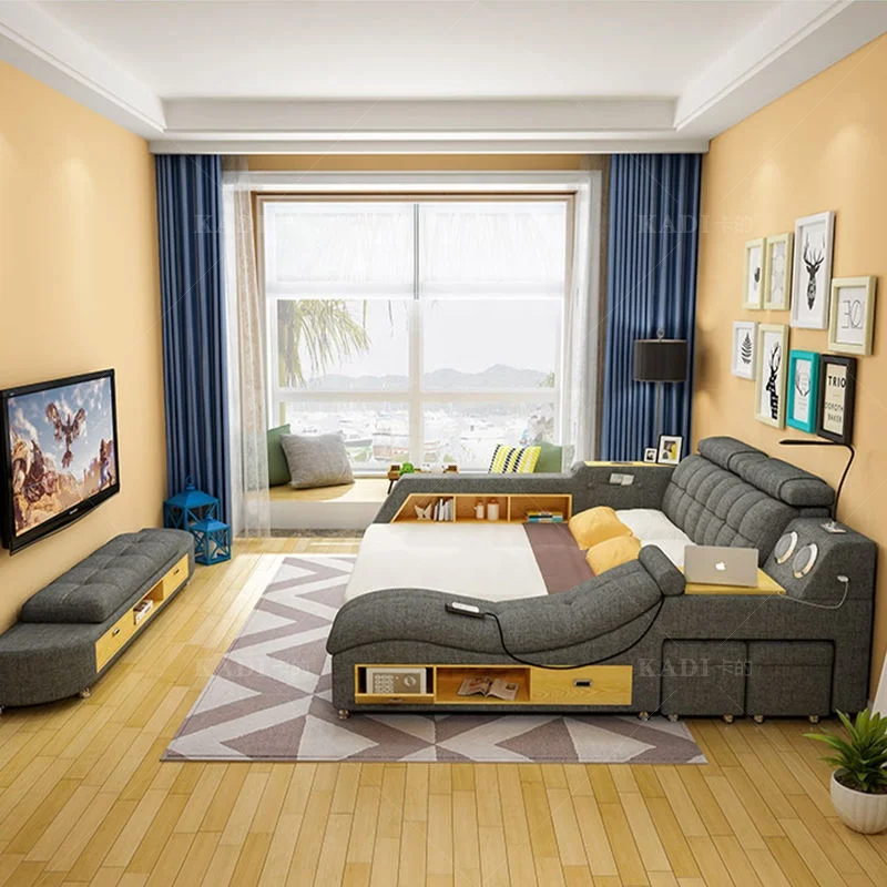Modern Luxury Multi-functional Smart Leather Bed with Tatami Massage Recliner King Queen Size Solid Wood Bed Fabric Cotton