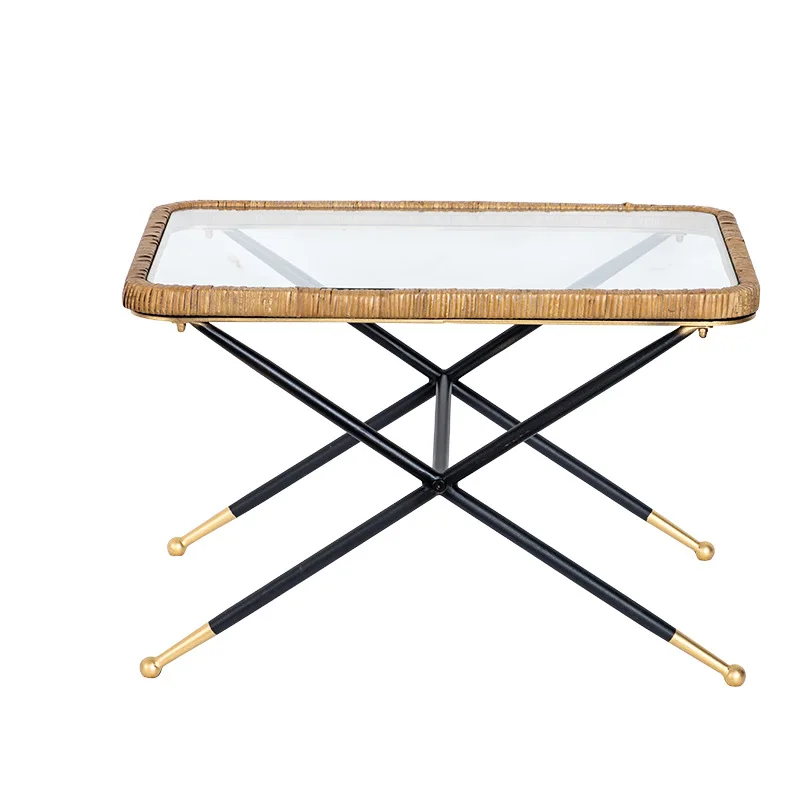 Hot Sale Farmhouse Retro Antique Living Room Sofa Balcony Corner Design Tempered Glass Rattan Coffee Table