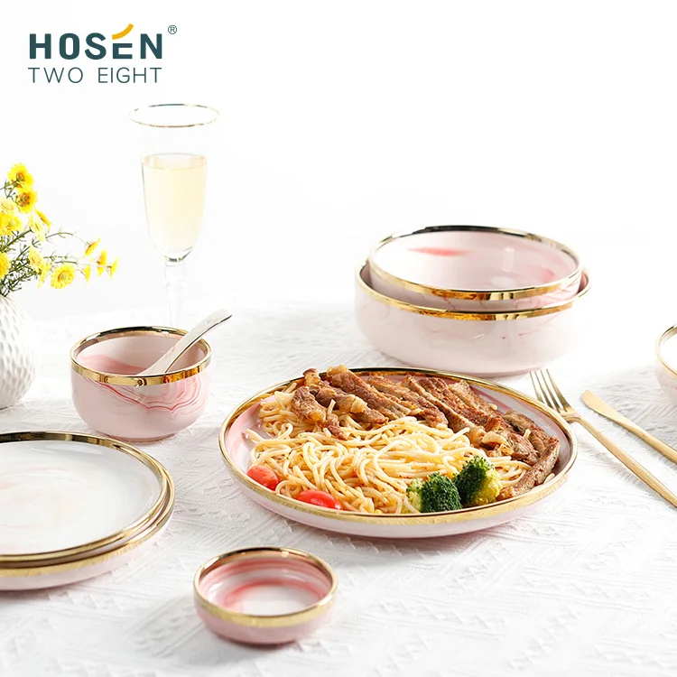 Modern Luxury Pink Marble Porcelain Dishes & Plates Sets Gold Rim Dinnerware Sets Ceramic Dinner Sets Bowl Dishes For Restaurant