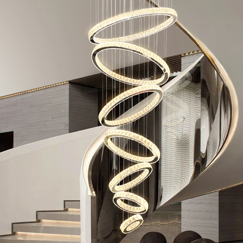 2024 Contemporary Hanging Decorative Ceiling Pendant Lights  Modern Design Circle Ring  Long Led Chandeliers For Vila Hotel