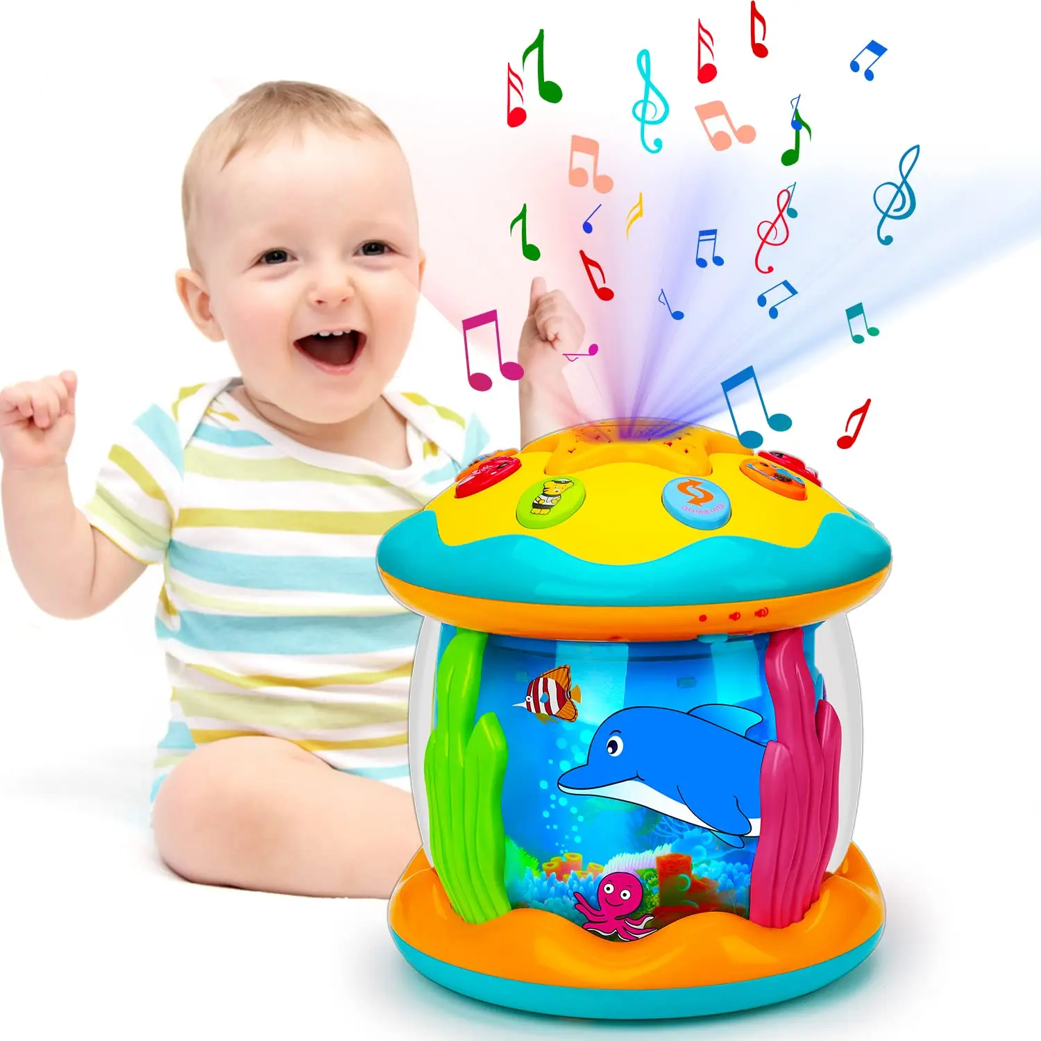 Hot selling baby toys 6-12 months 4-in-1 music projector ocean rotation time abdominal learning crawling light toy baby toys