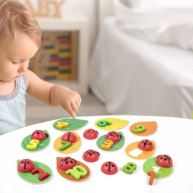 New English Math Counting Teaching Aids Ladybug Shape Number Matching Game Color Cognition Wooden Montessori Educational  Toys