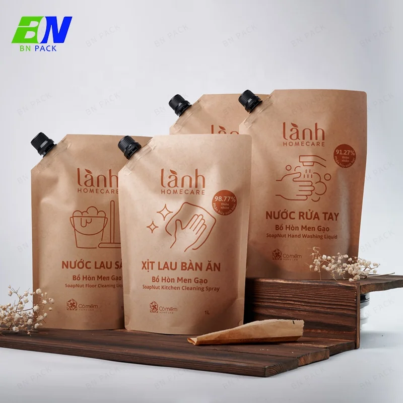 Refill eco-friendly customized  shampoo spout bag substainable plastic Beverage Liquid 16oz 32 oz bag with spout