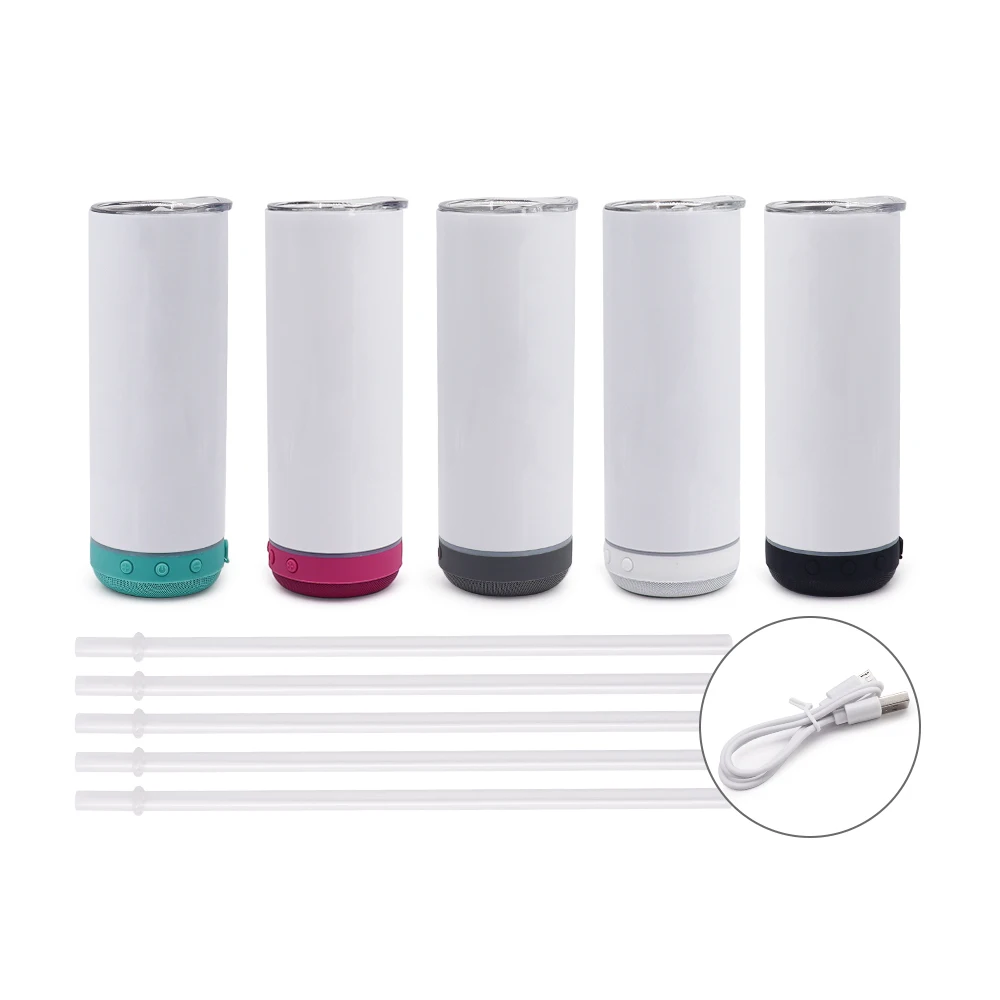 usa warehouse stocked white stainless steel straight wireless usb charger 20oz sublimation speaker tumbler