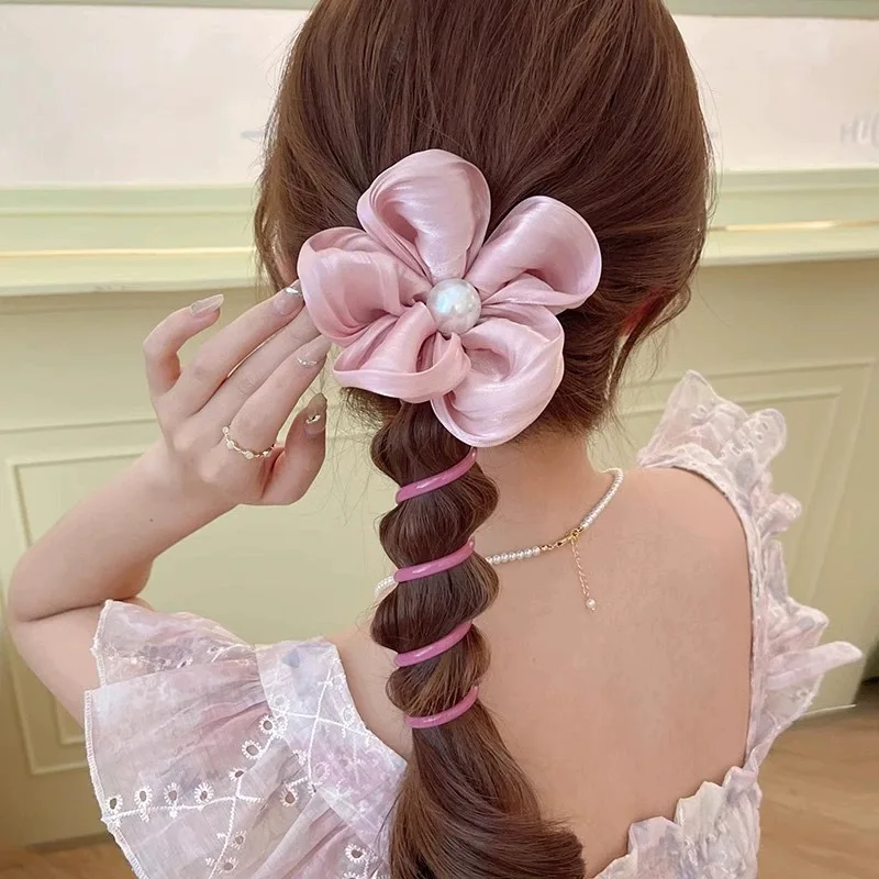 Elegant Big Floral Wire Line Elastic Hair Band With Pearl Women Plastic Hair Ties Wholesale Accessories