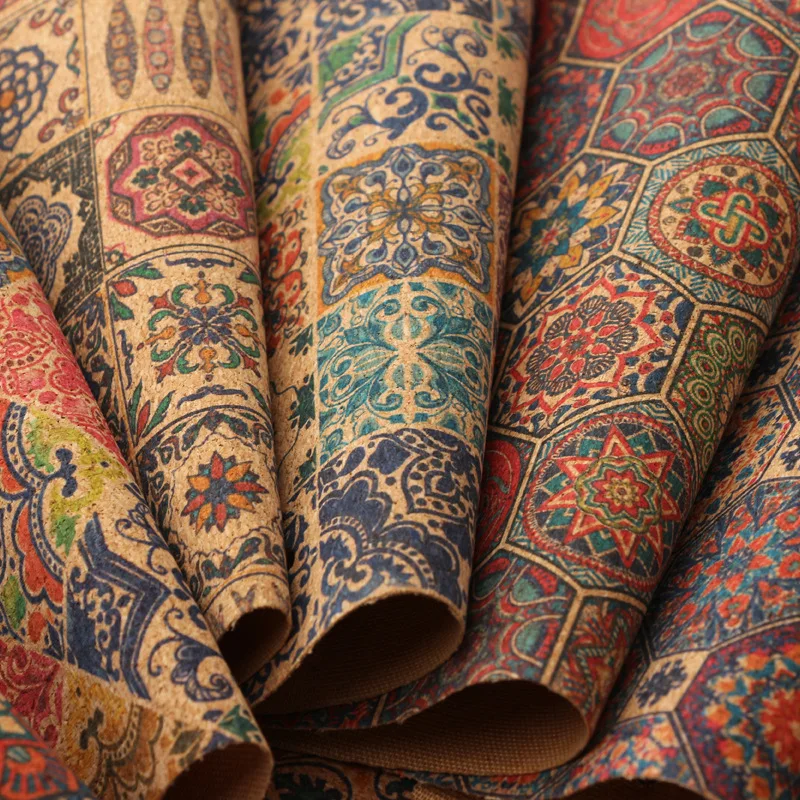 Custom Designer Printed Eco 50% Cork Material 0.45-0.55 mm PU Synthetic Artificial Cork Leather Cork Fabric with 1.35-1.4M Width