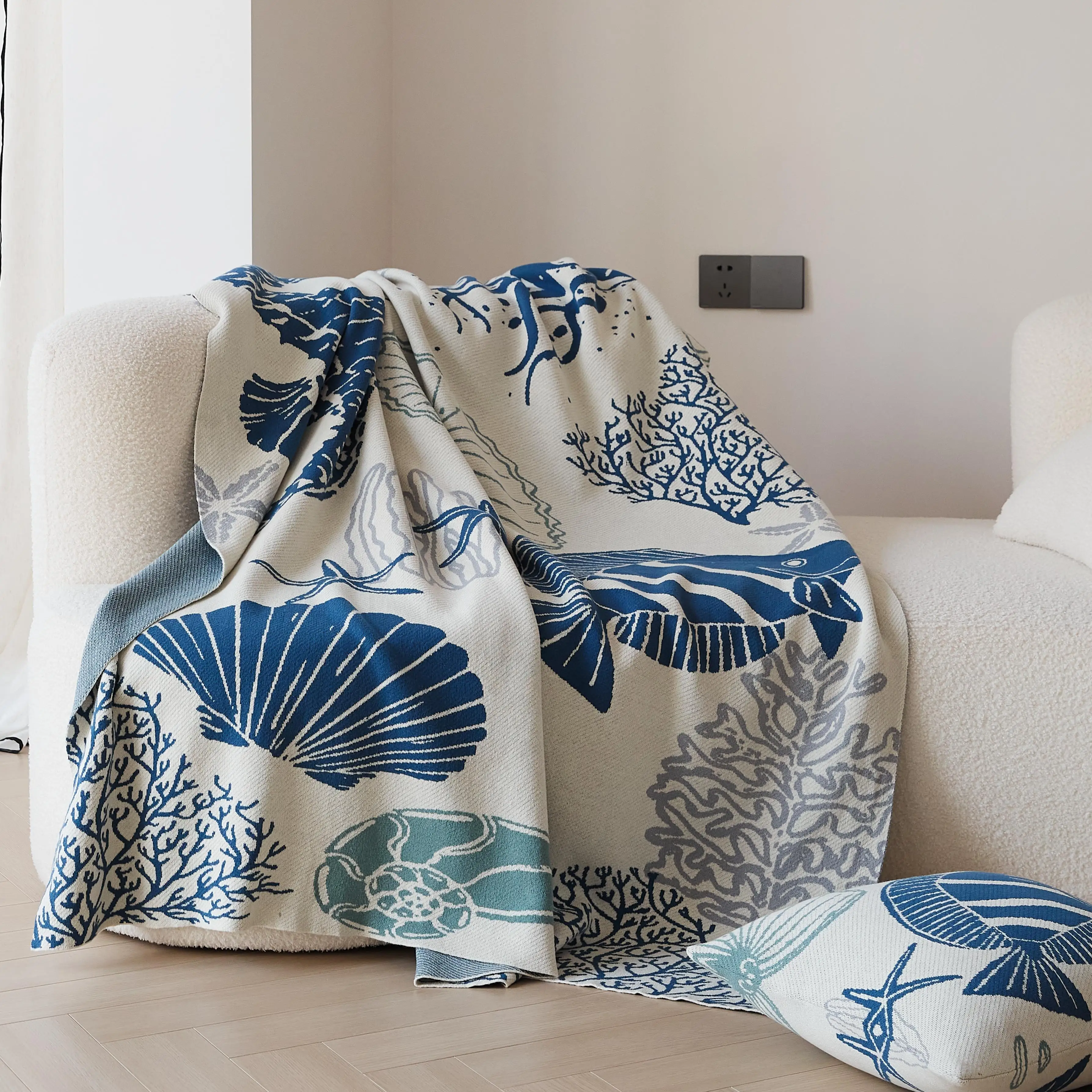 OEKO-TEX home decor cotton jacquard sofa sea world knitted throw blanket