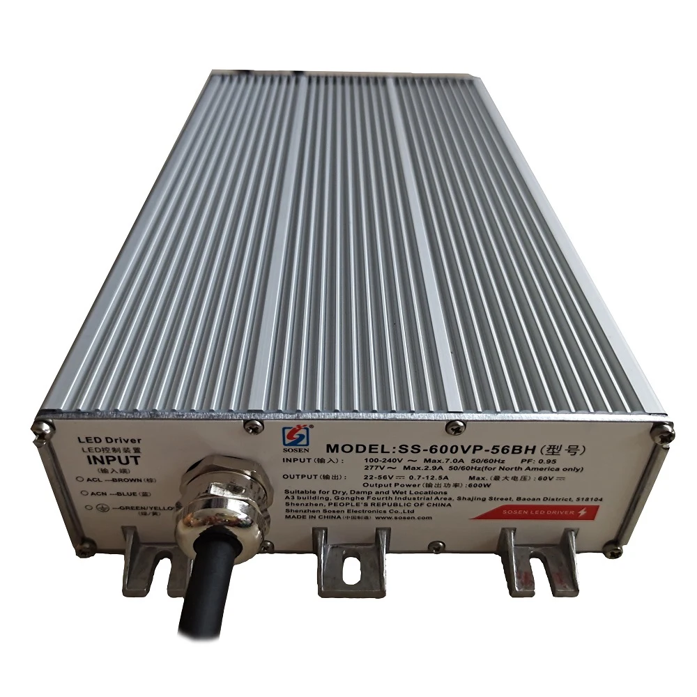 Высококачественный светодиодный драйвер 600 Вт IP67 Sosen SS600VP56BH 10 В с регулируемой яркостью 12 вспомогательный