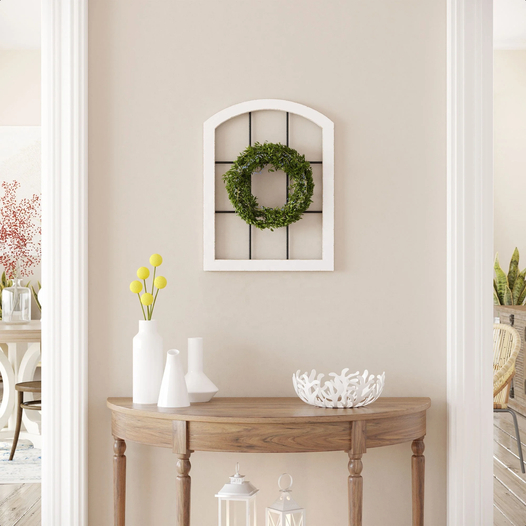 Rustic Cathedral Arch Window Frame Home Decor White Wood and Metal Window Pane Decorative for Wedding, Christmas other Festival