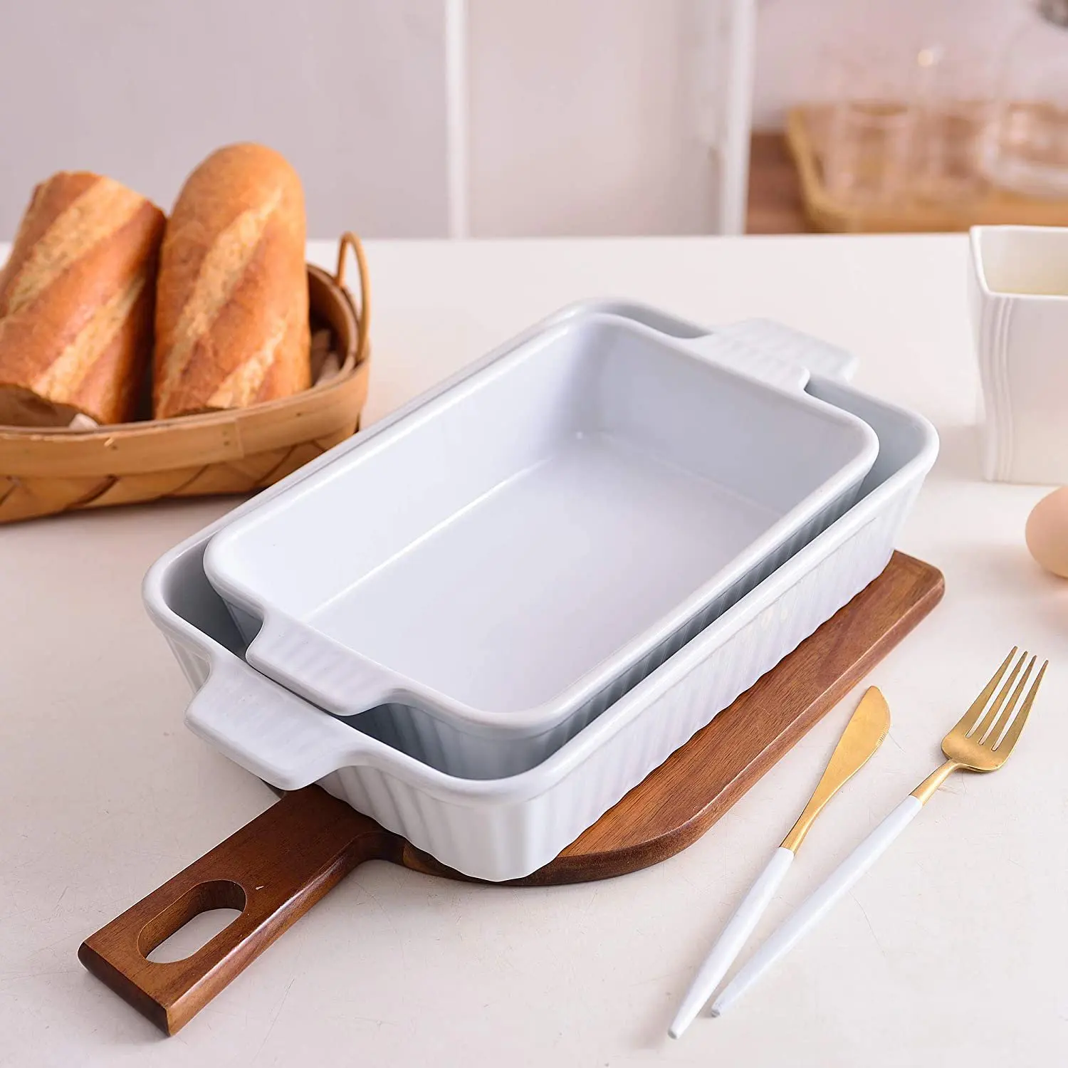 Wavy Edge Ivory White Ceramic Bakeware Porcelain Rectangular Baking Dish for Creme Brulee