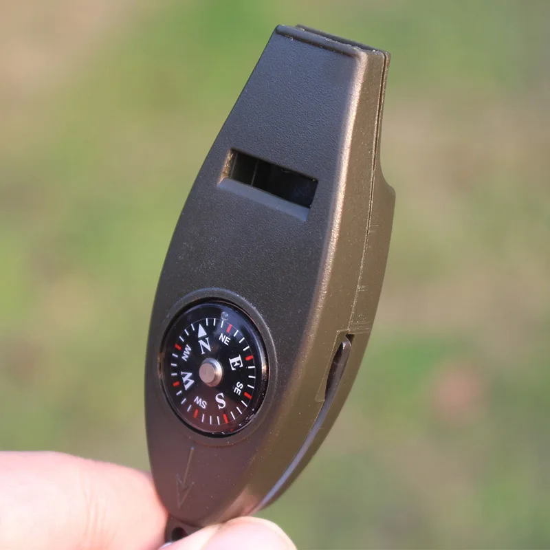 Four-in-one compass outdoor portable magnifying glass thermometer multi-function whistle High-frequency Earthquake Whistle