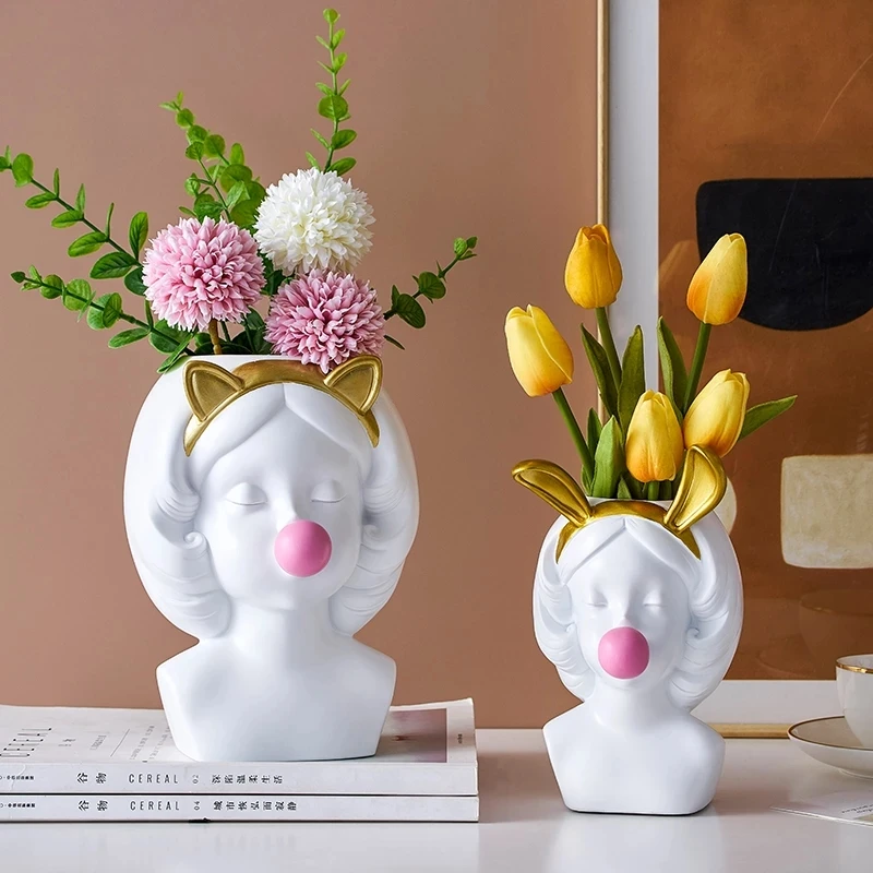 Kawaii Vase Home Decor 2021 Nordic Resin Bubble Girl Vase Cute Human Head Bubble Gum Flower Vases Modern Art Decoration Flower