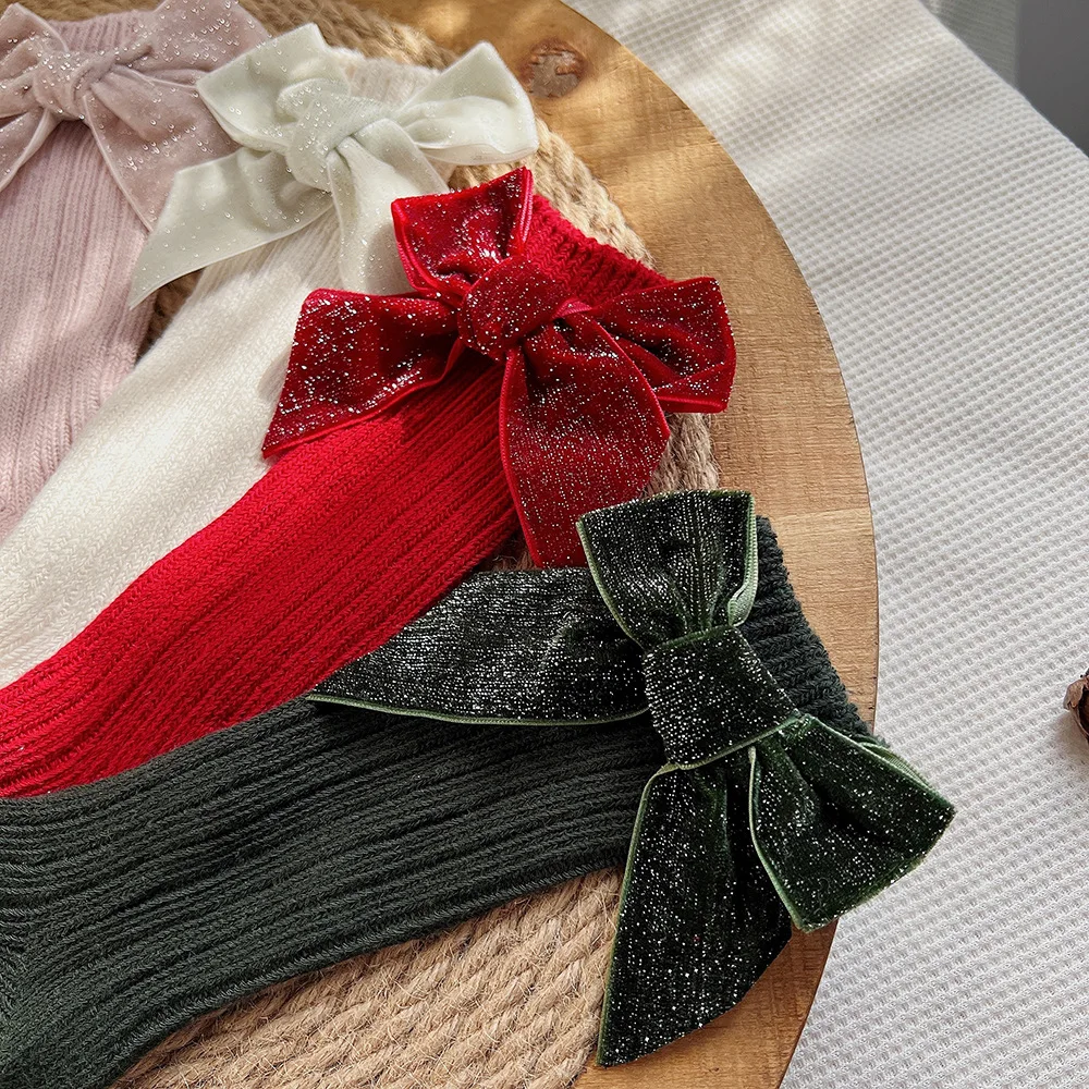Детские носки по индивидуальному заказу испанские заводская цена хлопковые с блестящими бархатными бантами рождественские для маленьких девочек и мальчиков