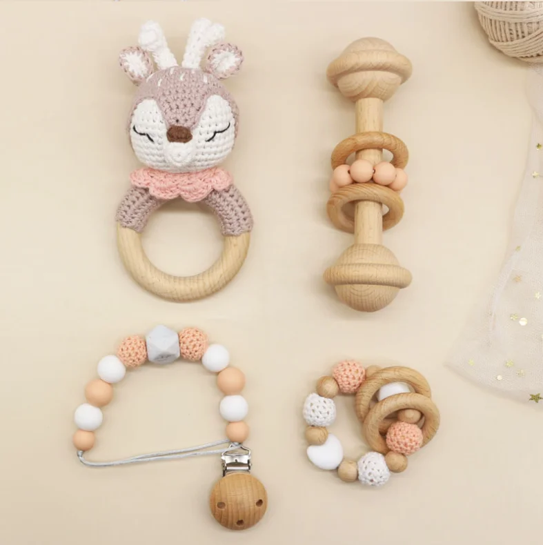 wholesale baby wooden rattle crochet elephant design baby rattle crochet wooden silicone beads