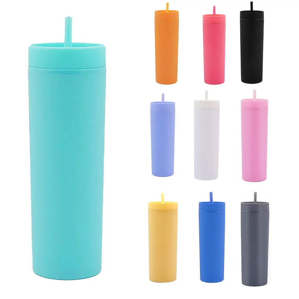 Matte Grey Tumblers with Lids and Straws 16oz Skinny Tumblers Bulk Double Walled Plastic Acrylic Pastel Tumblers Cups