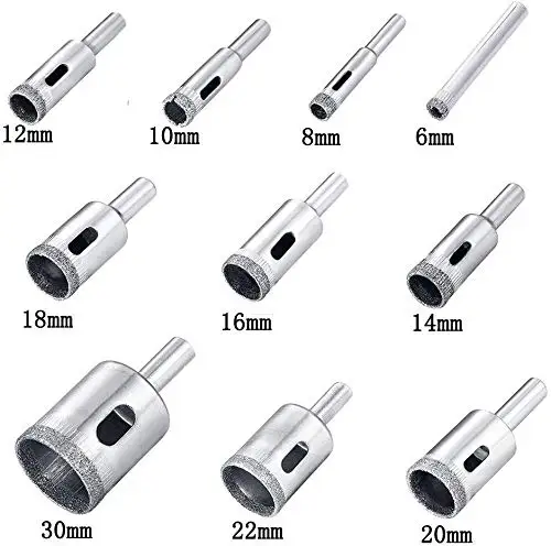 Набор алмазных сверл, 10 шт., пила для стеклянных отверстий для плитки, стеклянных, керамических, мраморных бутылок «сделай сам» (6 мм-30 мм)