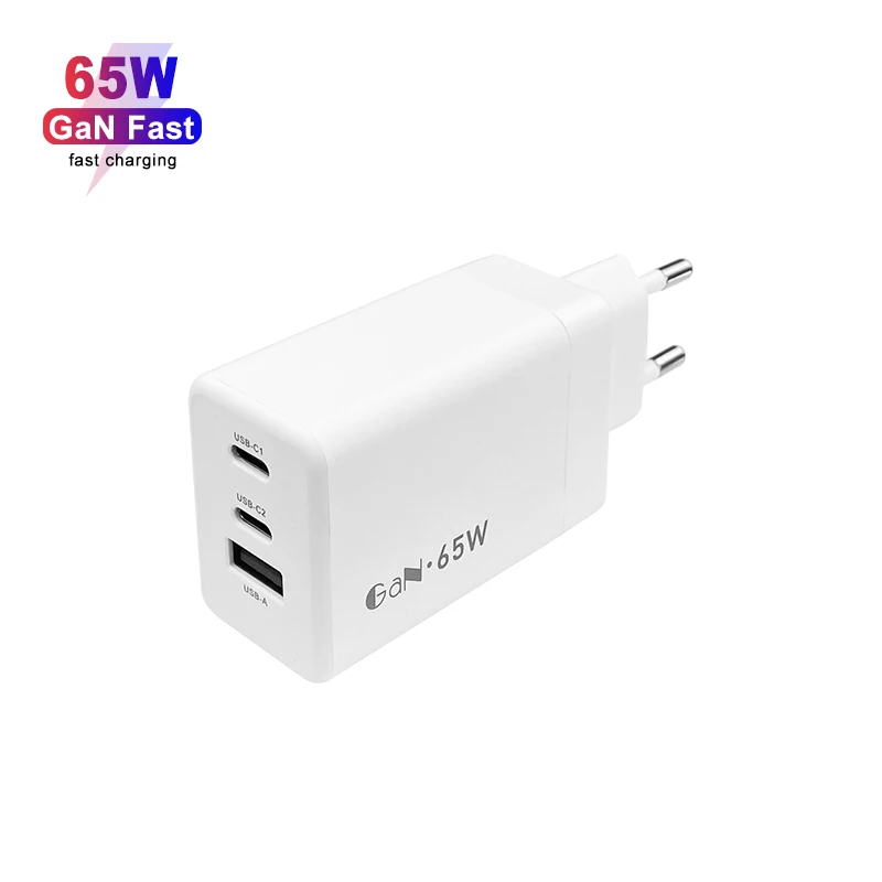 Three  Ports GaN 65W 2 USB-C+USB-A fast charging power adapter USB mobile phone charger