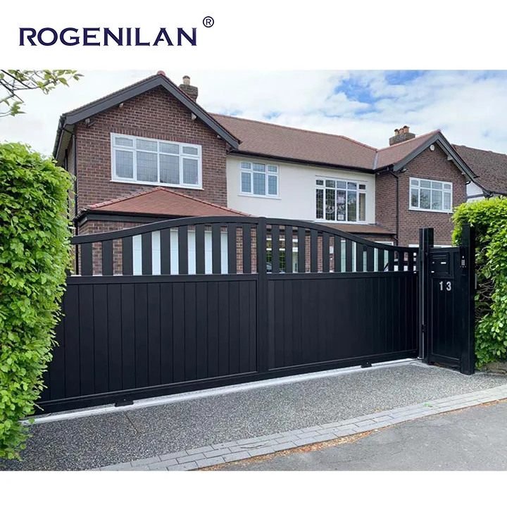 Rogenilan Latest intelligent remote control sliding entrance design outdoor trackless aluminium outdoor gate