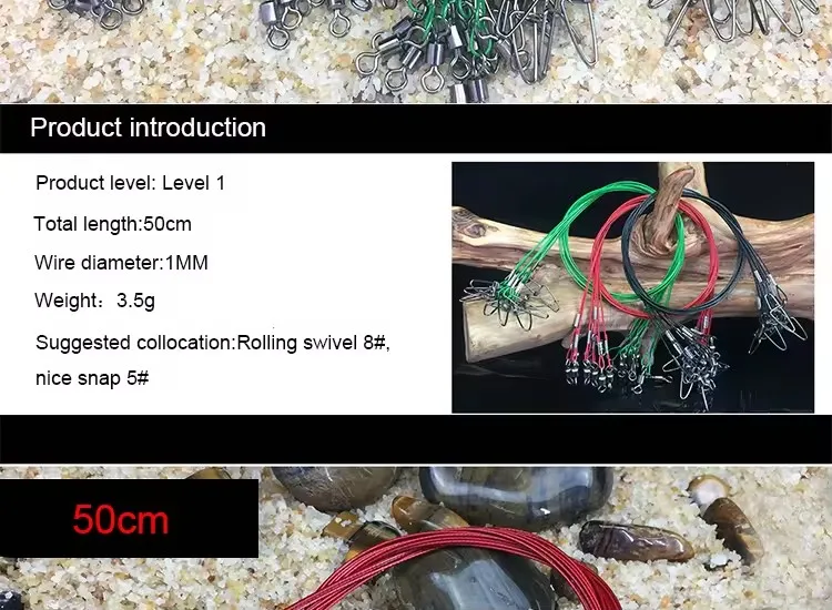 Fishing Lures Stainless Steel Trace Wire Leader Swivel Tackle Spinner Swivel Line 50cm 150LB Red Green Black#