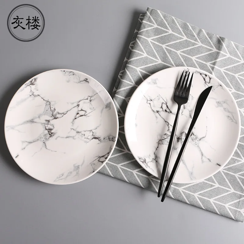 Factory direct supply private label 8 inch marble grain ceramic plate cheap creative modern japanese porcelain tableware