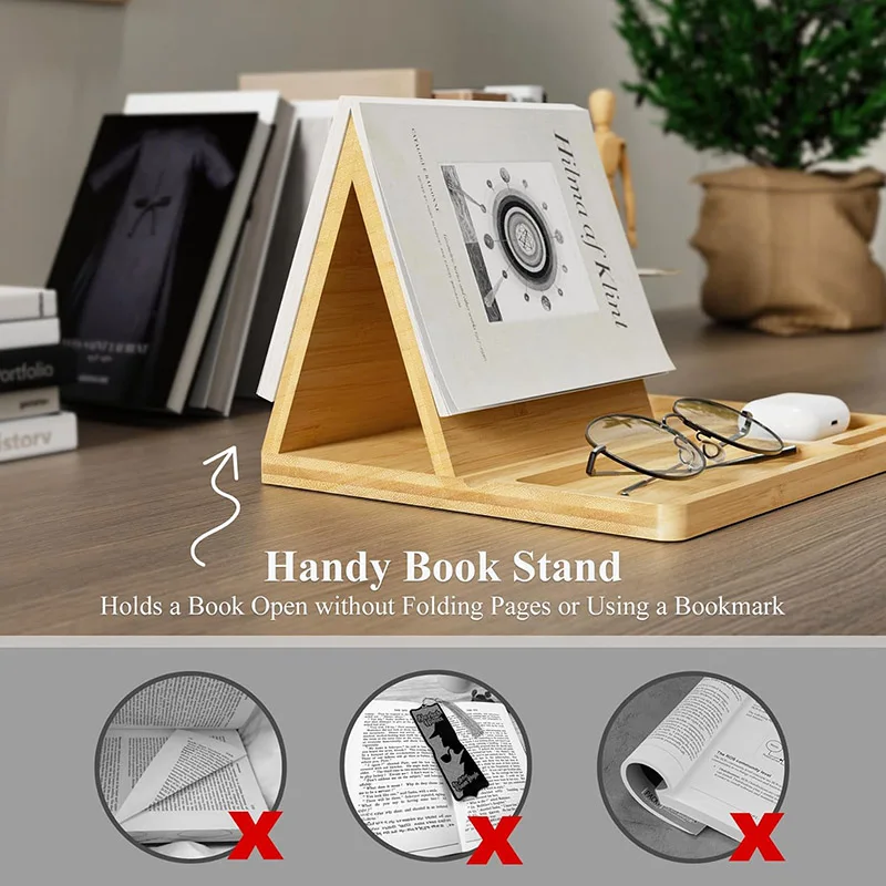 Bamboo Multipurpose Organizer Book Stand Holder with Resting Feature for Glasses and Pens Bookends