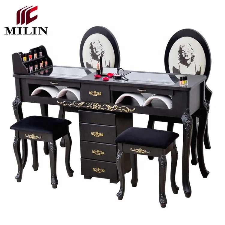 Винтажная мебель для маникюрного салона черного цвета, Маникюрный Стол, полный набор, мебель для салона красоты, Маникюрный Стол с стулом и тележкой