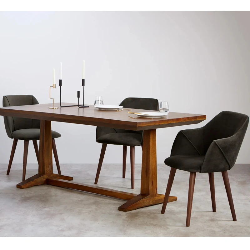 Newest wooden legs chairs home hotel coffee armchair modern design double stiching upholstered grey velvet dining chair