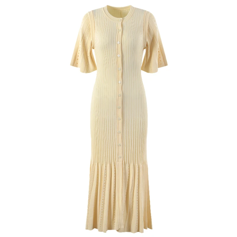 Spring Summer Color Block Dress Women Crew Neck Single Breasted Hollow Dress Female Fishtail Knitted Dress