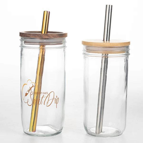wide mouth round 20oz 600ml Boba tea glass mason jar with bamboo lid and straw