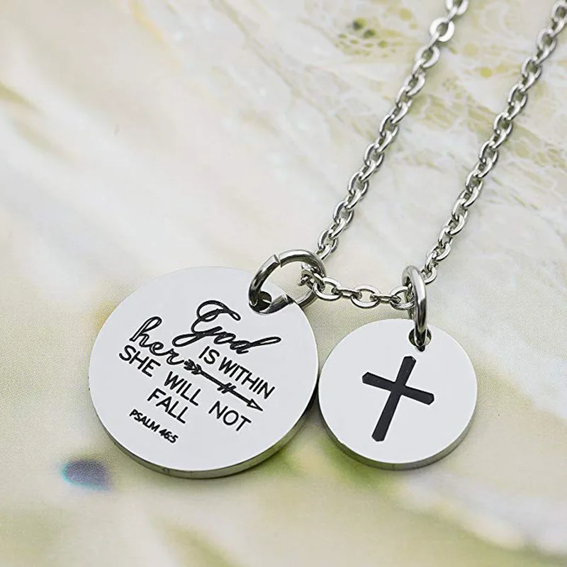Bible Verse GOD IS WITHIN HER Titanium Steel Cross Pendant Necklace Prayer Stainless Steel Religious Necklace