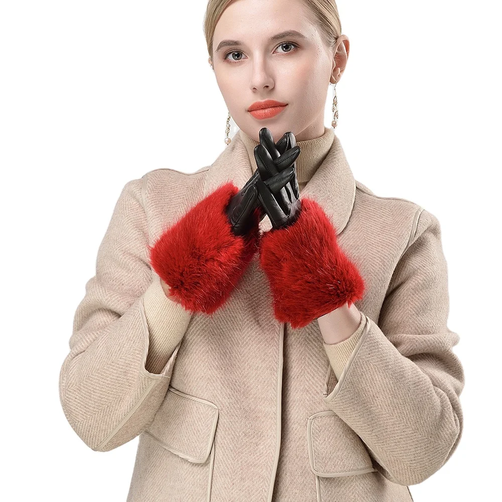 High Quality Luxury Winter Fur Leather Gloves Women Multi Colors