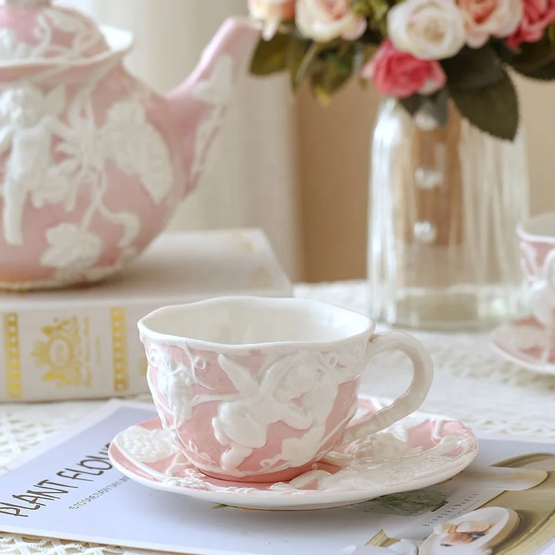 European palace style embossed angel vintage afternoon tea English teacup retro embossed coffee cup and saucer set porcelain