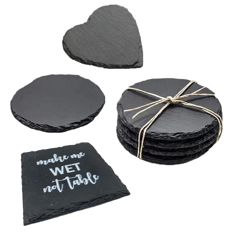 High-Quality China Factory Wholesale D10cm Natural Round Slate Coaster Set with Paper rope