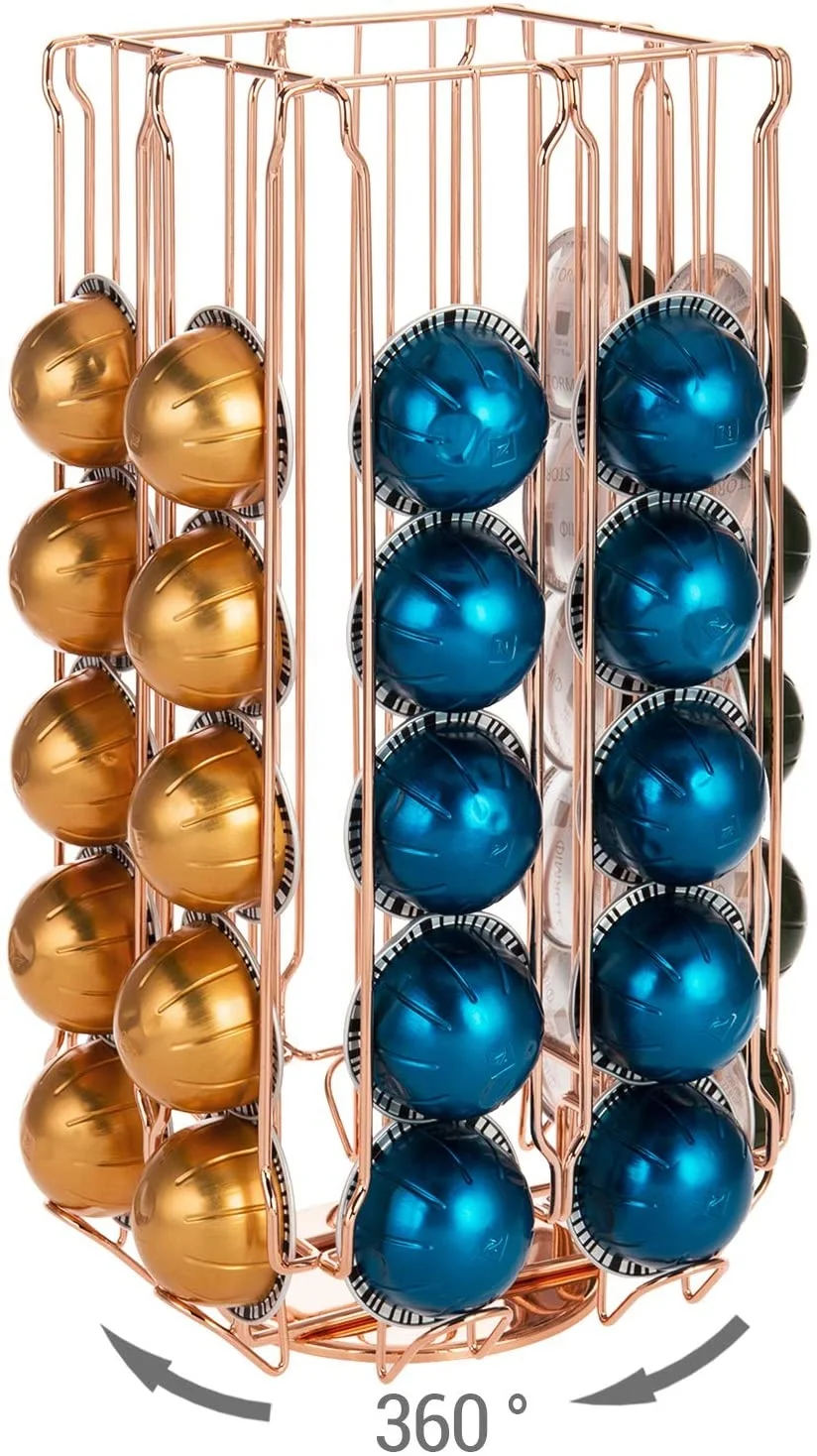 Copper Wire 360 Degree Rotating Coffee Pod Capsule Organizer Carousel with Coffee Cup Disposable Sleeve Storage Rack Basket