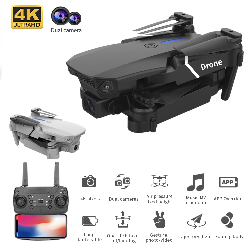Радиоуправляемый Дрон Flyxinsim E88 + PRO с двойной HD камерой 4K складной квадрокоптер большим радиусом действия для селфи