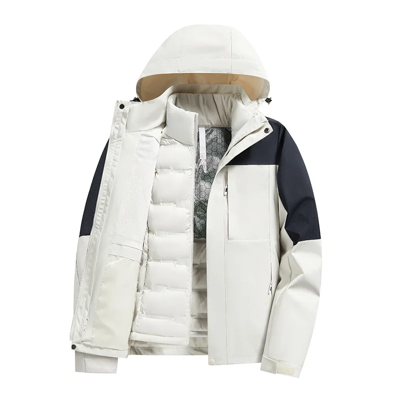 Unisex Detachable Heattech Three-in-One Winter Jacket Windproof Waterproof Mountain Hiking Clothing Stand Collar Zipper Men