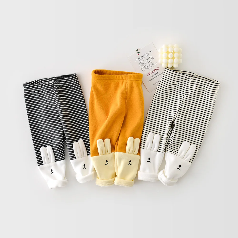 
2020 Winter New Boys Girls Pants Baby Striped Stitching Bunny Cute Plus Velvet Thickening Leggings 