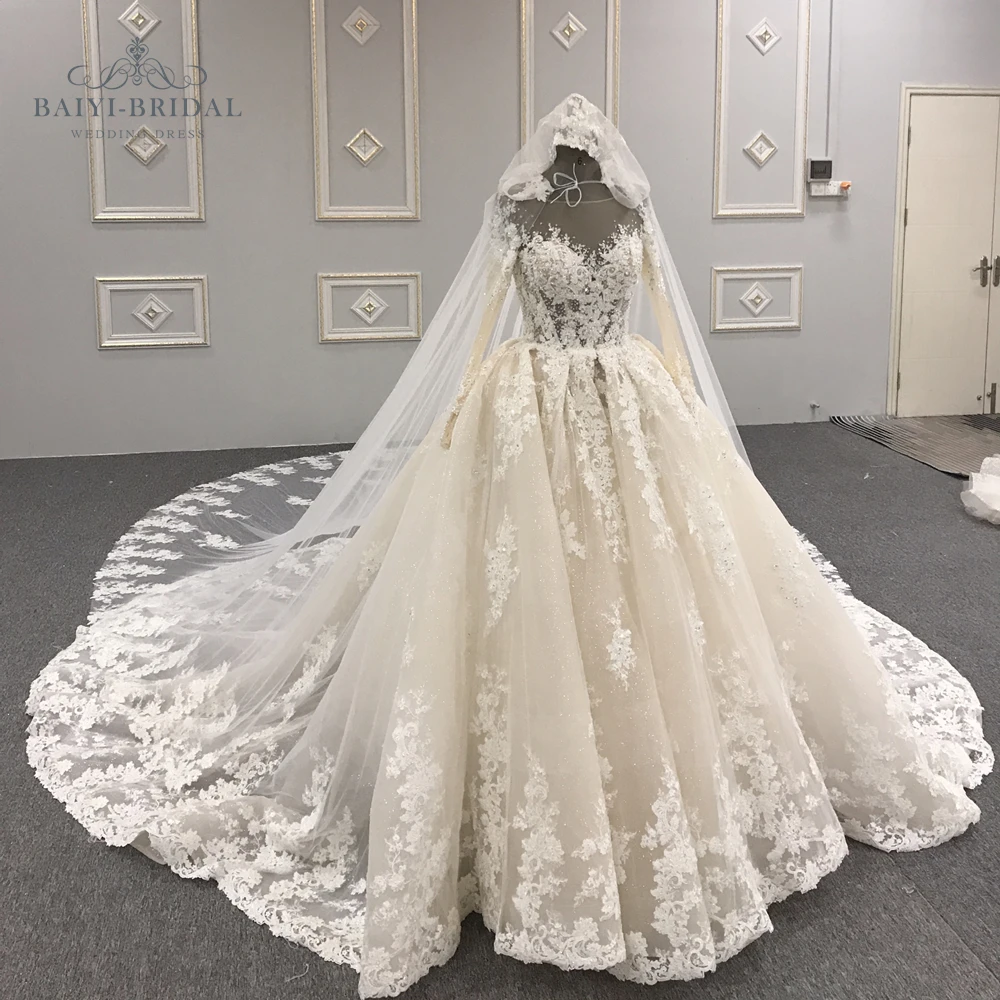 BaiYi Wholesale 3D Flower Lace Long Sleeve V-back Princess Ball Gown For Girls Wedding Party Wear