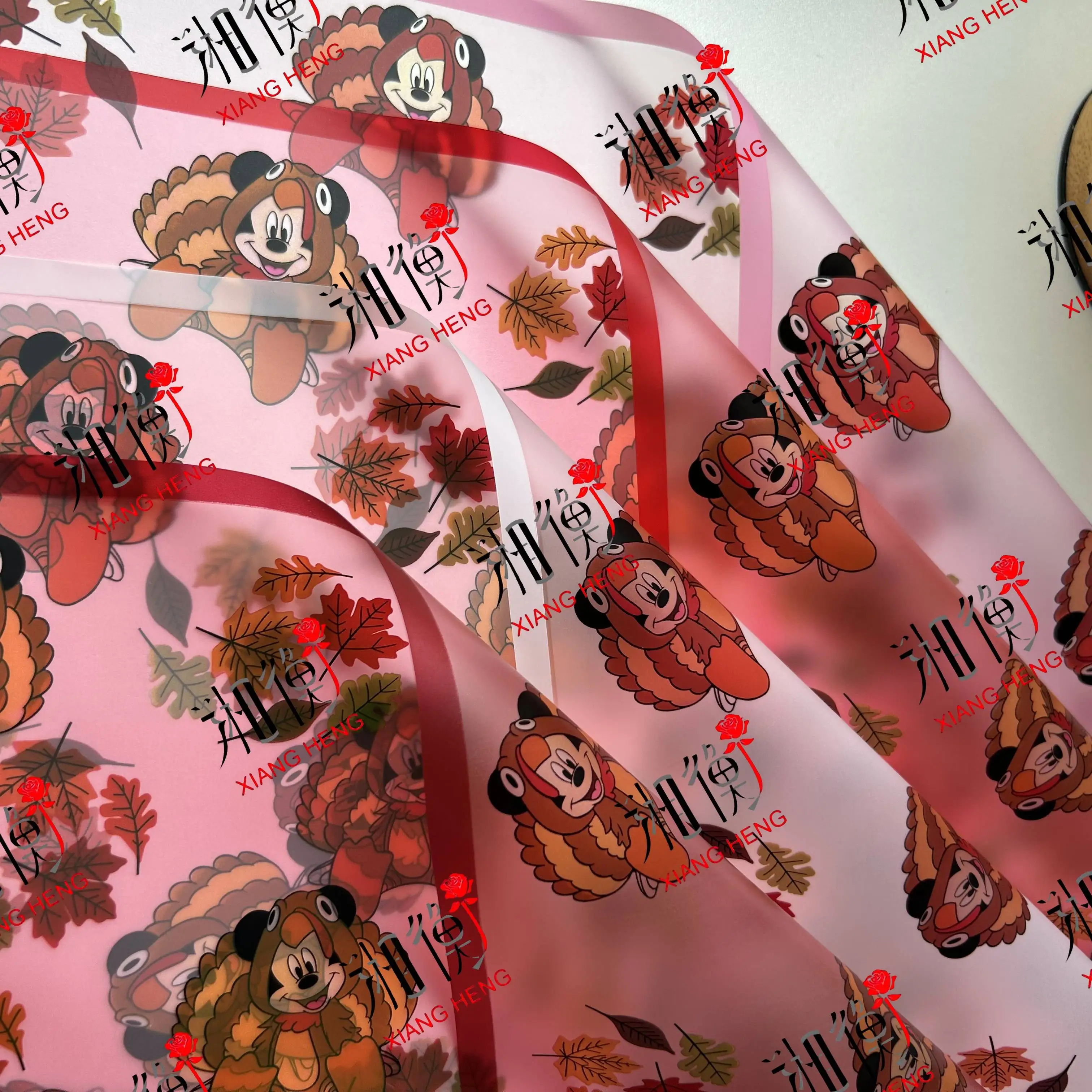 Thanksgiving Style Cartoon Mickey Mouse & Turkey Waterproof Frosted Flower Wrapping Paper Autumn Maple Leaf Florist Wrap Harvest
