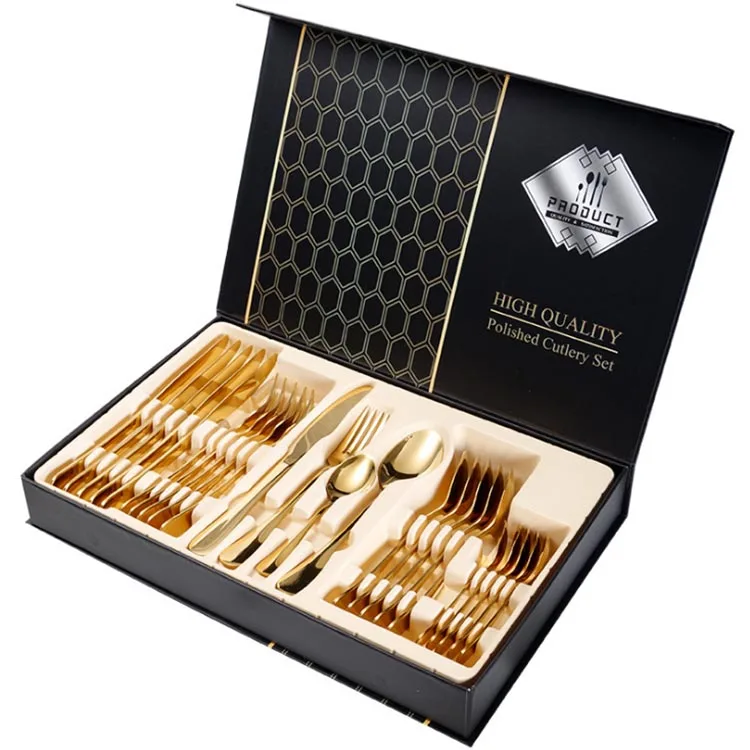 
Amazon hot selling gift box packing 24pcs cutlery set mirror polish silverware set stainless steel dinner knife fork spoon set 