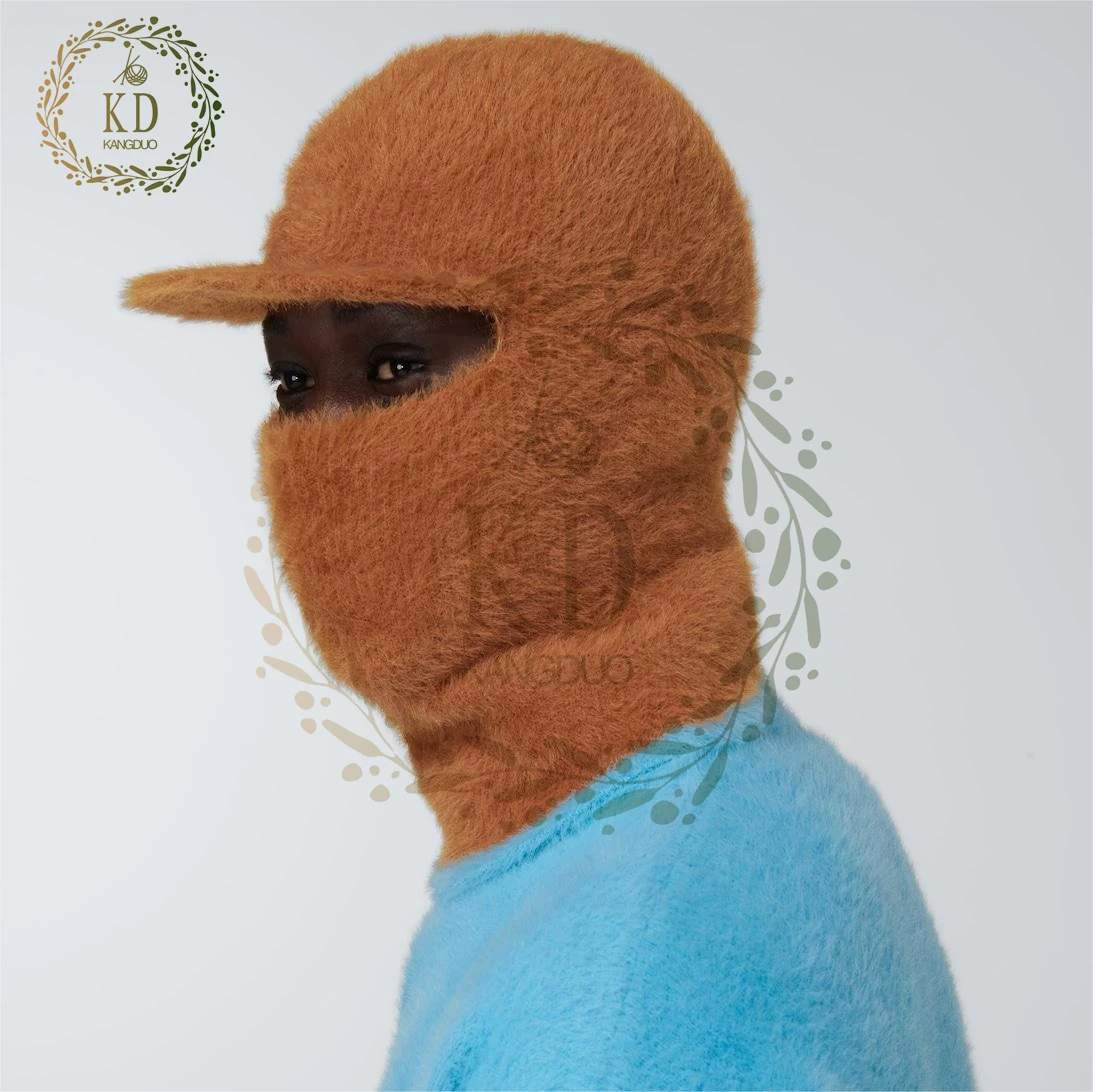 KD Knitwear Manufacture Custom OEM ODM Knit Fluffy Balaclava With Visor Mohair Wool Faux Fur Balaclava Hat