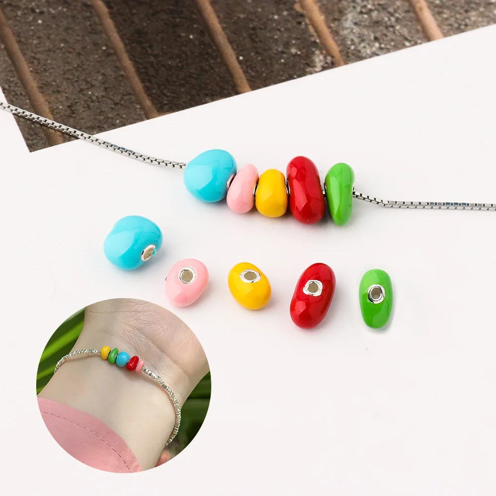 Wholesale Irregular Colorful Enamel Bean Beads 925 Sterling Silver Spacer Beads For Jewelry Making