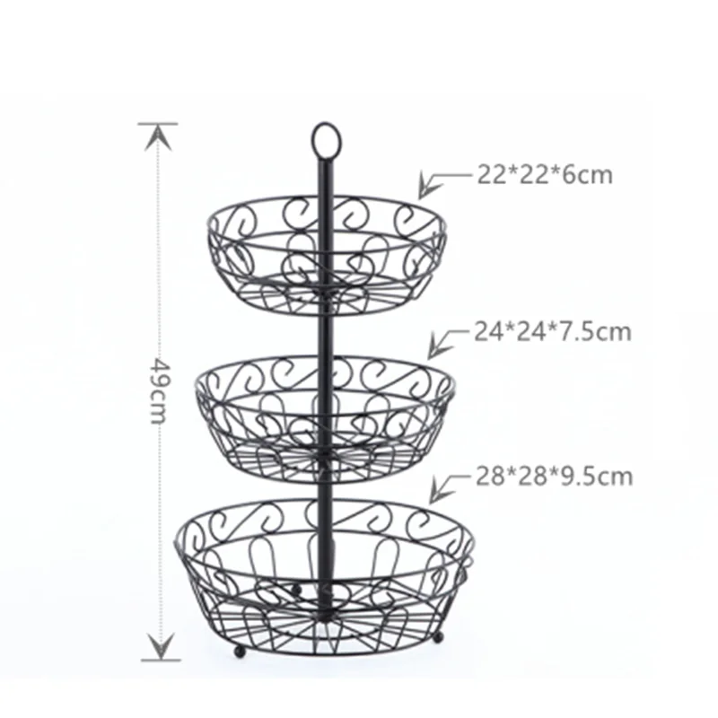 Wholesale Wrought Fruit Metal Basket Wire Basket Display Stackable Three-layer Hanging Iron Storage Baskets Black For Display