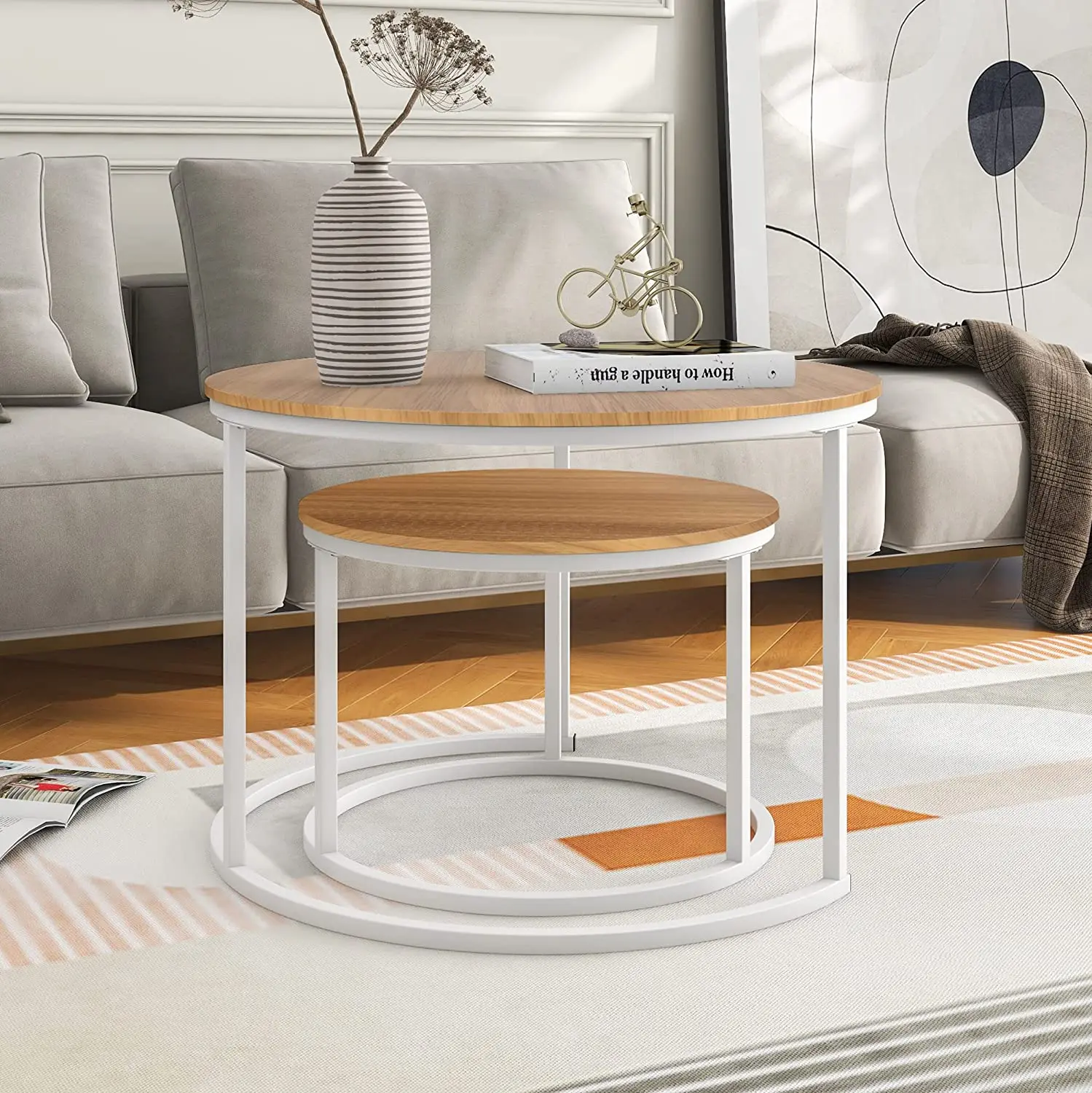 Round Wood Nesting Coffee Stacking Side Tables end Tables with Sturdy White Metal Frame