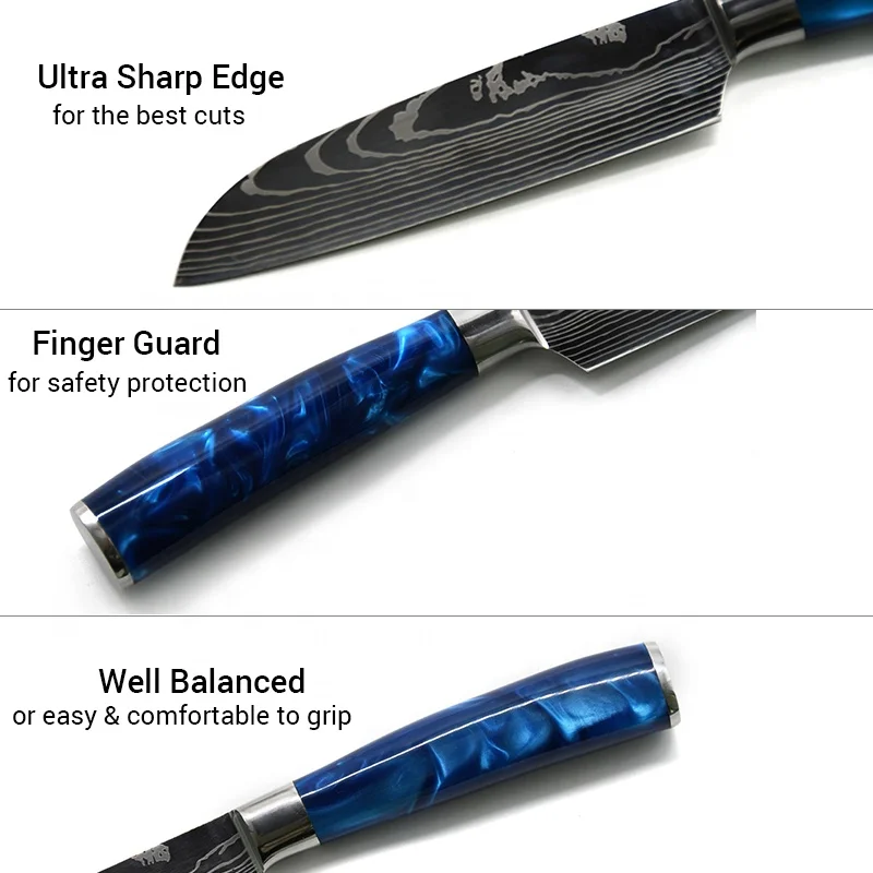 10 pcs Exquisite blue resin handle Laser Damascus pattern Chef knife Santoku Cleaver Slicing kitchen knives set