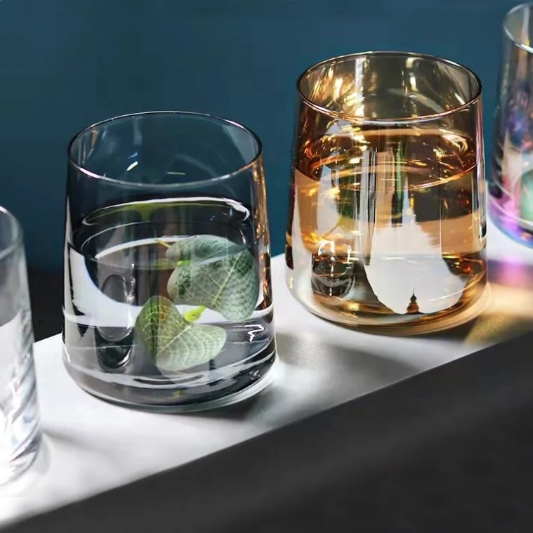 Custom Logo 4 Colors Clear Iridescent Amber Gray Slanted Glass Jars Luxury 6oz 8oz Glass Cups for Juice Water Whisky